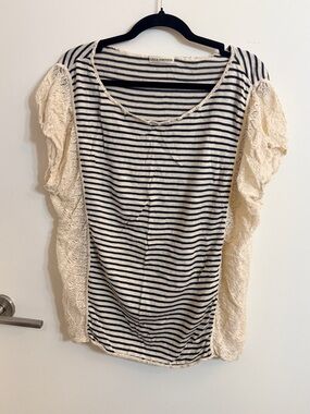 Ulla Johnson Striped Lace Sleeve Top Cream Navy Boho Romantic Tee